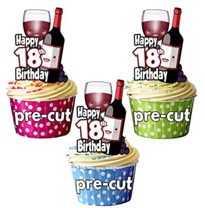 vorgeschnittenen rot Wein Flasche & Glas – 18. Geburtstag – Essbare Cupcake Topper/Kuchen Dekorationen (12 Stück) von AK Giftshop