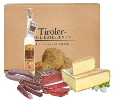Almgourmet - Geschenkset "Brotzeit" mit 7 vers. Tiroler Schinken & Käse-Spezialitäten sowie Marillenschnaps - Ansprechend verpackt von Almgourmet