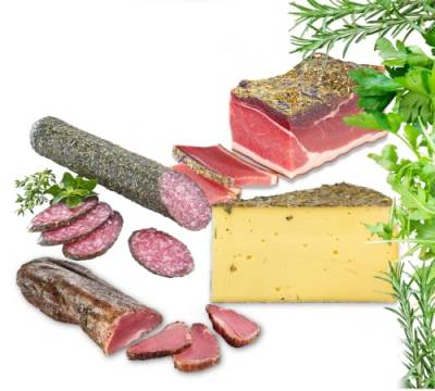 Almgourmet - Genießerset mit Käse & Schinken "Kräuterparty" - 4 Tiroler Delikatessen mit Kräutern veredelt - Geschenk von Almgourmet