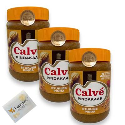 Calvé Pindakaas met stukjes, Erdnusscreme mit Stückchen Multipack 3x 650g + Benefux. Erfrischungstuch 1950g von Benefux.
