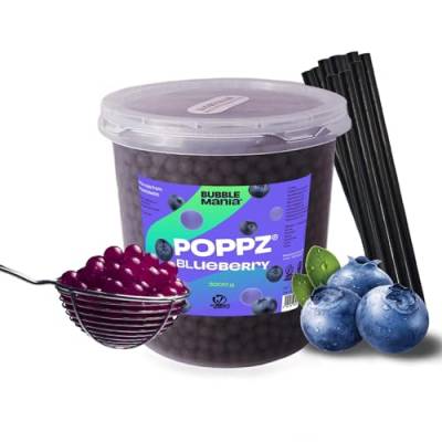 Popping Boba Fruchtperlen für Bubble Tea KIT | FERTIG ZUM SERVIEREN mit Fruchtperlen (3200 g), Tapioka Schaufel und 10 umweltfreundlichem Papierstrohhalm (Blaubeere) 3.2kg von BubbleMania
