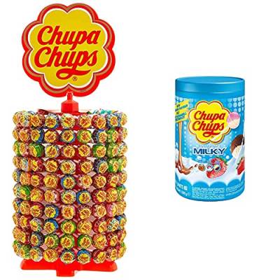 Chupa Chups Lutscher-Rad | 200 Lollies je 12g | Lollipop-Ständer in 6 leckeren Geschmacksrichtungen & Schlemmerlutscher-Dose, 100er Vorrat Lollis, 3 cremige Geschmacksrichtungen, Milky Lutscher von Chupa Chups