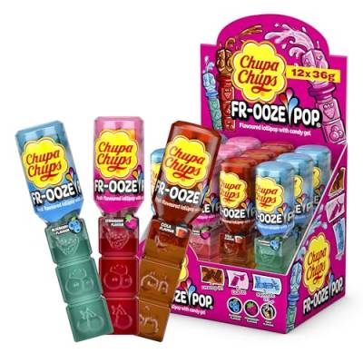 Chupa Chups Frooze Pops, Thekendisplay enthält 12 Lollis mit Candy-Gel zum Rausdrücken in den 3 Sorten Blaubeere, Erdbeere & Tropical, 12 x 26g von Chupa Chups