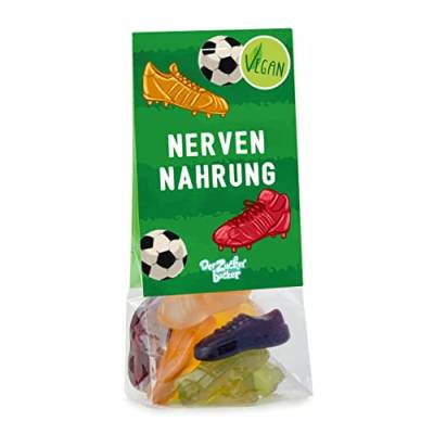 Naschbeutel Nervennahrung – bunte vegane Fruchtgummi-Fußball-Schuhe im Geschenk-Beutel, süße Geschenk-Idee von Der Zuckerbäcker