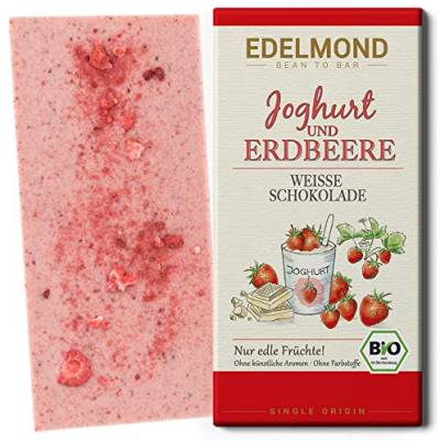 Edelmond Bio weiße Erdbeer Schokolade - mit Joghurt und getrockneten Früchten in bester Rohkost-Qualität. Ohne Farbstoffe, ohne Soja Emulgatoren ✓ (1 Tafel) von Edelmond