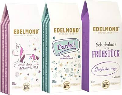 Edelmond® Bio 3 Schokoladen Geschenk ✓ Nette Präsente immer bereithalten ✓ Für Kinder, Männer und Frauen und als Dankeschön ✓ 3x 125g = 375 gramm von Edelmond