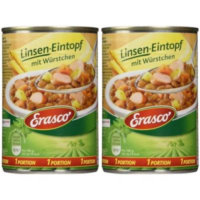 Erasco Linsen-Eintopf mit Würstchen (1 x 400g), In nur 5 Minuten fertig – Ausgewähltes Gemüse – Einfach köstlich - Ohne Schnickschnack (Packung mit 2) von Erasco