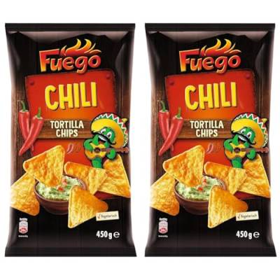 Fuego - Tortilla Chips Chili | Mexikanische Tortillachips mit Chiligeschmack | Knuspriger Snack aus Maismehl | 450 g im Beutel (Packung mit 2) von Fuego