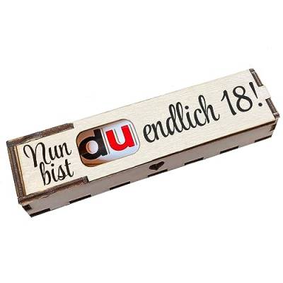 Duplo Geschenkbox mit Gravur inkl. Schokoriegel Holzbox mit Spruch Geschenkidee Schokolade Mitbringsel - Nun bist Du endlich 18 von Girahlutions