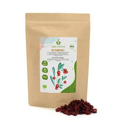 BIO Cranberries getrocknet (1kg), Ganze Cranberry aus biologischem Anbau, Leicht mit Fruchtsaft gesüßt, 100% Natürlich und rein, Verzehrfertiger Fruchtsnack, Vegan von IDDA Herbal