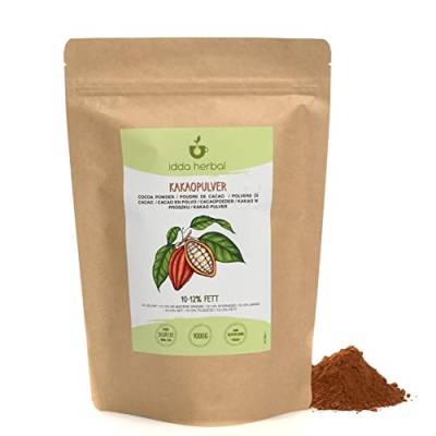 Kakaopulver (1kg), Ungesüßtes Kakao Pulver, 10–12% Kakaobutter, Gemahlene rohe Kakaobohnen, 100% Natürlich und rein, Vegan von IDDA Herbal