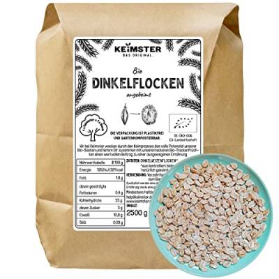 Bio Dinkelflocken (2,5 kg) - GEKEIMT - Aus EU-Bio-Landwirtschaft - Vollkorn - Basisch - Knusprig & ideal für Müsli und Porridge - Vegan - Ohne Zusatzstoffe - Plastikfreie Verpackung von Keimster