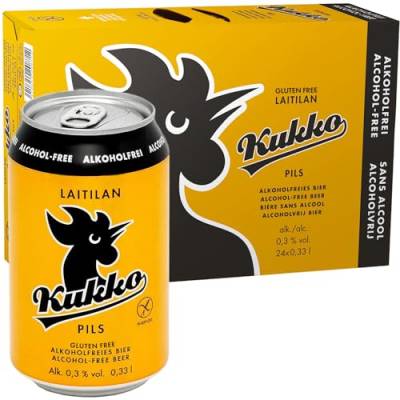 KUKKO PILS Alkoholfrei (24 X 0,33 L Dose) EINWEG | Finnisches Bier im tragbaren Party-Pack (0,3% vol.) | Glutenfrei mit Gerstenmalz | Preis inkl. Pfand von LAITILAN Kukko