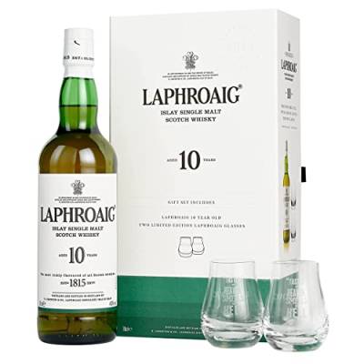 Laphroaig 10 Jahre + 2 Gläser | Islay Single Malt Scotch Whisky | mit Geschenkverpackung | einzigartig rauchig-torfiger Geschmack | 40% Vol | 700ml Einzelflasche + 2 Gläser von Laphroaig