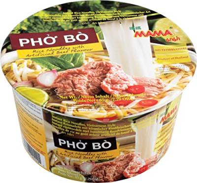 Mama Instant-Bowl-Reisnudeln Pho Bo mit Rindfleischgeschmack – Instantnudelsuppe orientalischer Art – Authentisch thailändisch kochen – 6 x 65 g von MAMA