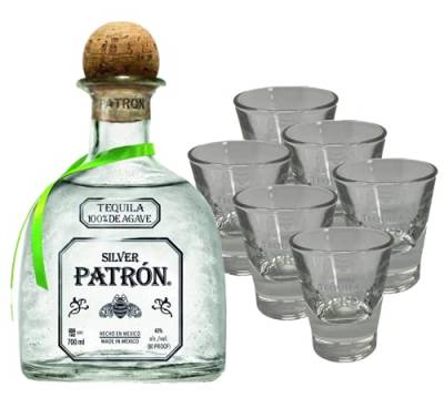 Patrón Vorteilspack Silver Tequila, 40% Vol. 0.7 l & Original Patron Shot Glas Schnapsgläser 6er Pack von Patron