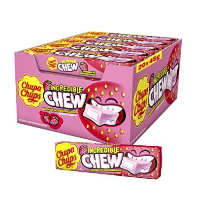 Chupa Chups Incredible Chew Erdbeere, Thekendisplay enthält 20 Stangen Kau-Bonbons mit Erdbeer-Geschmack in der Groß-Packung, 20 x 45g von Chupa Chups