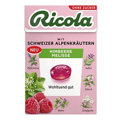 Ricola Himbeere Melisse, 50g Böxli Schweizer Kräuter-Bonbons mit 13 Alpenkräutern & fruchtig-erfrischender Himbeere, zuckerfrei, 1 x 50g, vegan von Ricola