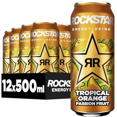 Rockstar Energy Drink Tropical Orange Passion Fruit - Koffeinhaltiges Erfrischungsgetränk für den Energie Kick, EINWEG (12 x 500ml) von Rockstar
