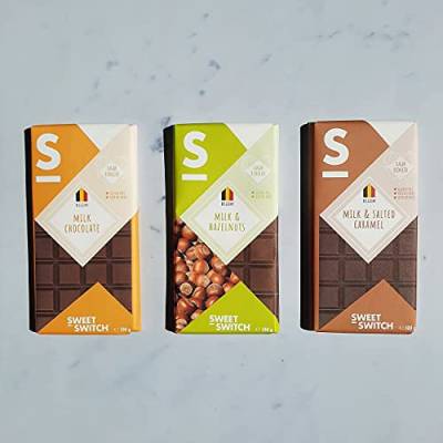 SWEET-SWITCH - 3 x 100 g - Belgien Milchschokoladen Mix - Milch Schokoladen - Karamell - Haselnüsse - Zucker Reduziert - Glutenfrei - Schoko-Geschenk - KETO von Sweet-Switch