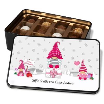 Geschenk zu Weihnachten: Pralinendose personalisiert „Schöne Weihnachten“ mit Wichtel-Motiv (rosa) - 12 Confiserie-Pralinen in Geschenkdose Schokolade Geschenkidee von True Statements