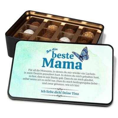 Geschenk zum Muttertag: Pralinendose personalisiert „An die beste Mama - Schmetterling“ – Metalldose mit 12 Pralinen – Schokolade Muttertagsgeschenke Geburtstag Weihnachten von True Statements