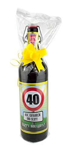 Geburtstag 40 Jahre - Herzlichen Glückwunsch - 1 Liter Flasche in Folie und Schleife verpackt von bierundmehr