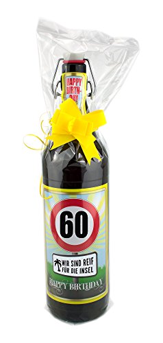 Geburtstag 60 Jahre - Herzlichen Glückwunsch - 1 Liter Flasche Folie und Schleife von bierundmehr