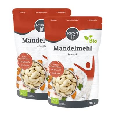 2 x borchers Bio Premium Mandelmehl | Teilentölt, zum Kochen, Backen und für Süßspeisen | Hoher Proteingehalt | Hoher Ballaststoffgehalt | 2x 200 g von borchers