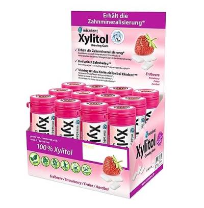miradent Xylitol Zahnpflegekaugummi Erdbeere Display 12 St. | fruchtiger Geschmack | zuckerfrei | vegan | kariespräventiv | für unterwegs von miradent