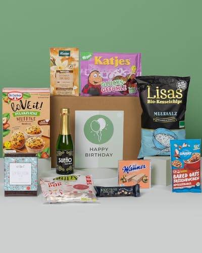 HAPPY BIRTHDAY BOX | Geschenkbox Geburtstag mi Snacks, Süßigkeiten, Badezusatz uvm. | Geburtstagsgeschenk Set für Familie, Freunde oder Kollegen von veganbox get inspired