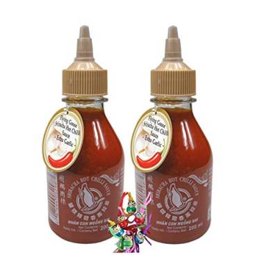 yoaxia ® - 2er Pack - [ 2x 200ml ] FLYING GOOSE Sriracha scharfe Chilisauce mit extra KNOBLAUCH Extra Garlic + ein kleiner Glücksanhänger gratis von yoaxia Marke