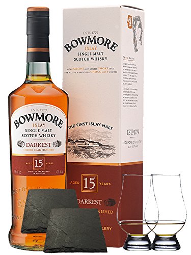 Bowmore 15 Jahre 0,7 Liter + 2 Glencairn Gläser + 2 Schieferuntersetzer quadratisch 9,5 cm von .....................................