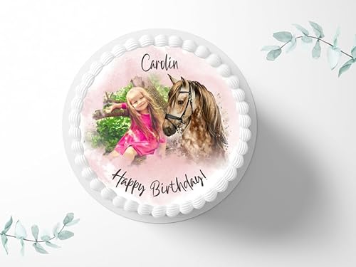 Tortenaufleger Pferd personalisierbar mit Bild zum Geburtstag, ⌀20cm Zuckerbild, Foto für Torten, Fondant 3009G von "