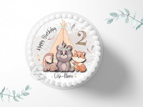 Tortenaufleger Tiere Tipi personalisierbar zum Geburtstag, ⌀20cm Zuckerbild, Foto für Torten, Fondant 3030G Tortenaufleger Tiere Tipi personalisierbar zum Geburtstag, ⌀20cm Zuckerbild, Foto für Torten, Fondant 3030G von "