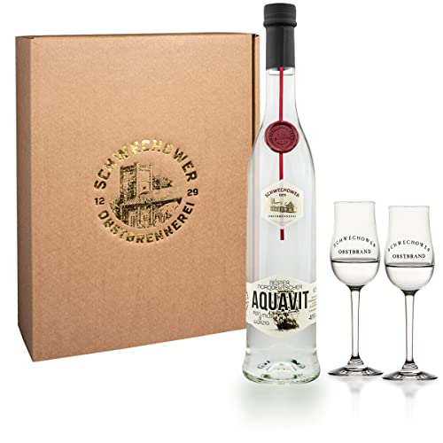 Bester norddeutscher Aquavit 0,5l + 2 Bouquetgläser Geschenkkarton (40% Vol.) - Geschenkset, Präsent 500ml von Schwechower Obstbrennerei GmbH