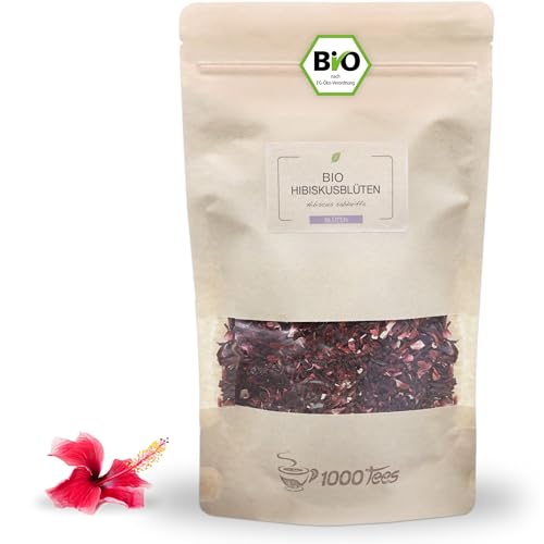 BIO Hibiskusblüten geschnitten für Tee Aufguss, fruchtig, säuerlich, frisch abgefüllt von 1000tees