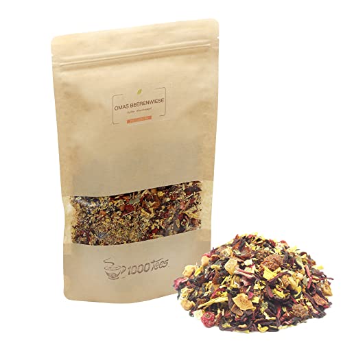 Früchtetee Omas-Beerenwiese Sylter Hausrezept mit Johannisbeere-Pfirsich-Papaya-Geschmack, fruchtig, lieblich, beeren-fruchtig, säuerlich, frisch abgefüllt Früchtetee Omas-Beerenwiese Sylter Hausrezept mit Johannisbeere-Pfirsich-Papaya-Geschmack, fruchtig, lieblich, beeren-fruchtig, säuerlich, frisch abgefüllt von 1000tees