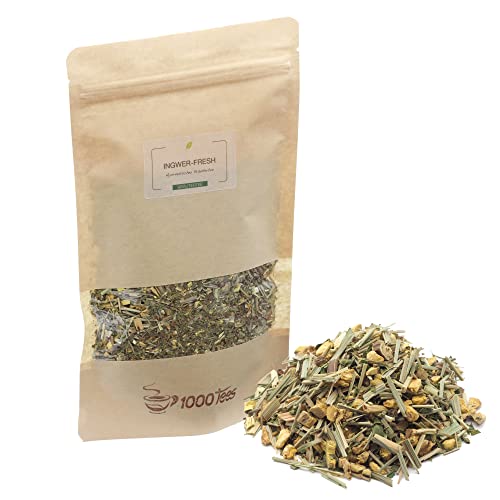 Kräutertee Ingwer Fresh Tee Ayurveda mit Ingwer-Minze-Zitrone-Geschmack, zitrus-fruchtig, süßholzig, würzig, mittelkräftig, frisch abgefüllt Kräutertee Ingwer Fresh Tee Ayurveda mit Ingwer-Minze-Zitrone-Geschmack, zitrus-fruchtig, süßholzig, würzig, mittelkräftig, frisch abgefüllt von 1000tees
