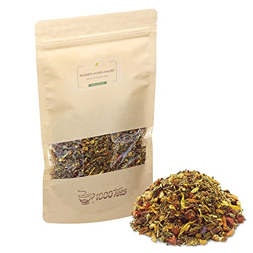 Kräutertee Ingwer-Honig-Salbei mit Manuka-Honig-Salbei-Geschmack, würzig, süß, scharf, frisch abgefüllt Kräutertee Ingwer-Honig-Salbei mit Manuka-Honig-Salbei-Geschmack, würzig, süß, scharf, frisch abgefüllt von 1000tees
