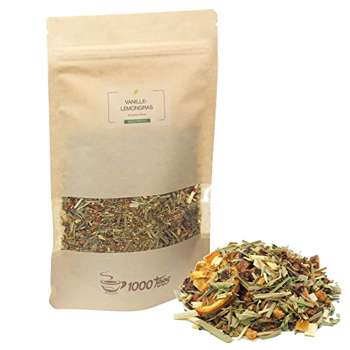 Vanille Lemongras Kräutertee mit Vanille-Lemongras-Geschmack, fruchtig, zitrus-fruchtig, mild, vanillig, frisch abgefüllt Vanille Lemongras Kräutertee mit Vanille-Lemongras-Geschmack, fruchtig, zitrus-fruchtig, mild, vanillig, frisch abgefüllt von 1000tees
