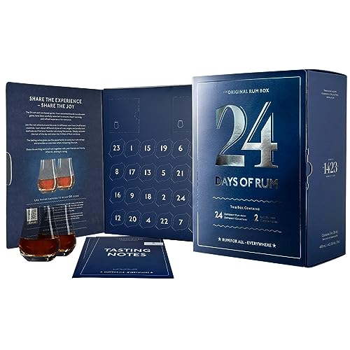 1423 24 DAYS OF RUM The Original Rum Box Blue Edition 42,5% Vol. 24x0,02l in Geschenkbox mit 2 Nosing Gläsern von 1423 World Class Spirits
