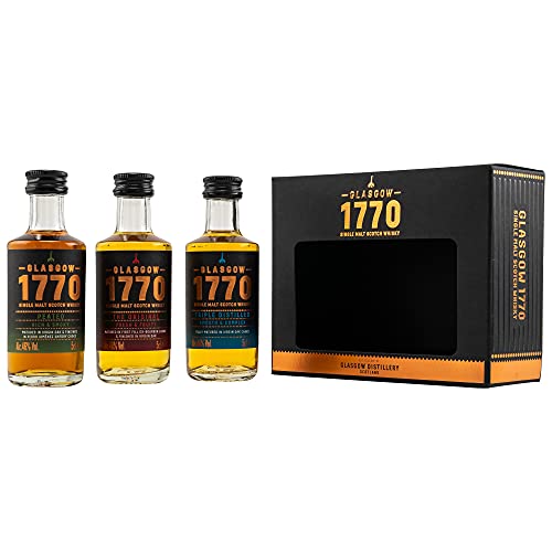 1770 Glasgow | Miniaturen Set | Single Malt Whisky | 3 x 50 ml | Peated, The Original & Triple Distilled | Lerne die Vielfalt der Glasgow Distillery kennen | Weder gefärbt noch kühlgefiltert von 1770 Glasgow