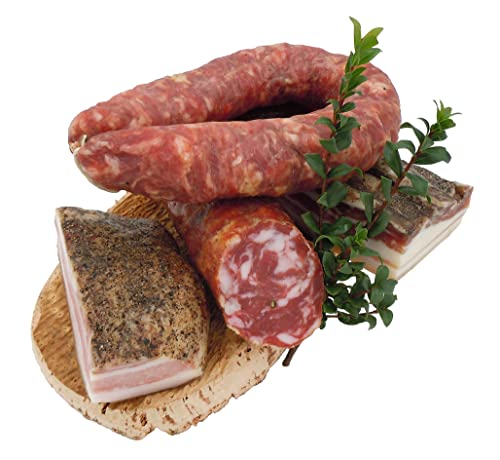 GESCHENKPACKUNG SALUMI MURRU BOX 1 - Sardische Wurst, Sardische Salami, Gepfeffrte Speck, Guanciale und Korktablett von 1965 MURRU SALUMI - IRGOLI