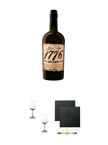 1776 Straight Bourbon Whiskey 0,7 Liter + Nosing Gläser Kelchglas Bugatti mit Eichstrich 2cl und 4cl - 2 Stück + Schiefer Glasuntersetzer eckig ca. 9,5 cm Ø 2 Stück von 1a Schiefer