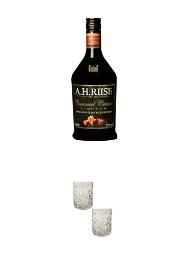 A.H. RIISE XO CARAMEL Cream Liqueur 17% 0,7 Liter + Rum Gläser 2 Stück von 1a Schiefer