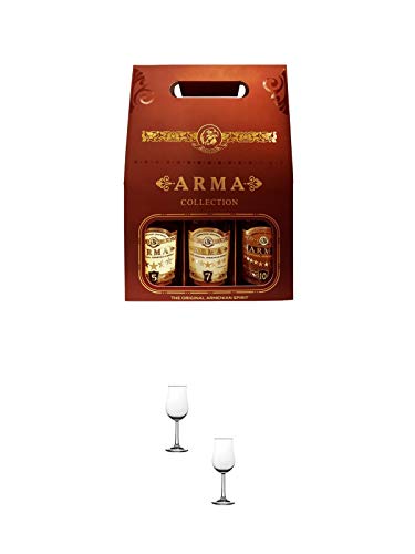 ARMA Geschenkbox Brandy Arma 5/7/10Jahre 3 x 0,5 Liter + Nosing Gläser Kelchglas Bugatti mit Eichstrich 2cl und 4cl - 2 Stück von 1a Schiefer