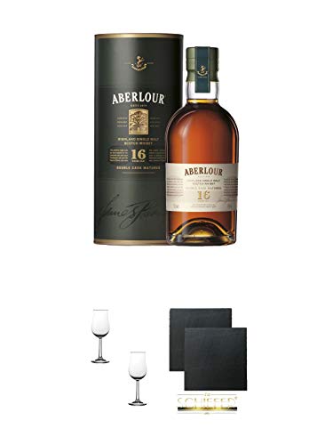 Aberlour 16 Jahre Double Cask Matured 0,7 Liter + Nosing Gläser Kelchglas Bugatti mit Eichstrich 2cl und 4cl - 2 Stück + Schiefer Glasuntersetzer eckig ca. 9,5 cm Ø 2 Stück von 1a Schiefer