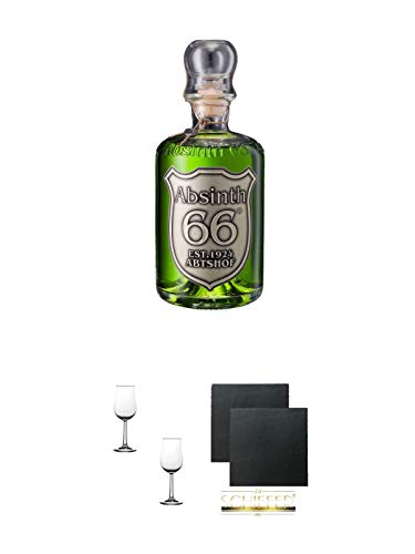 Absinth 66 ® Classic Grün 66% 0,5 Liter + Nosing Gläser Kelchglas Bugatti mit Eichstrich 2cl und 4cl - 2 Stück + Schiefer Glasuntersetzer eckig ca. 9,5 cm Ø 2 Stück von 1a Schiefer