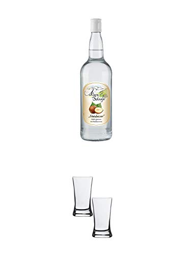 Alpenschnaps Steinbeisser Haselnuss 1,0 Liter + Stölzle Shotglas/Stamper 2 Stück 2050021 von 1a Schiefer